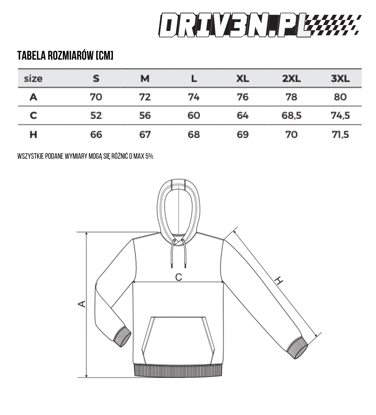 Tabela rozmiarów bluzy unisex driv3n.pl